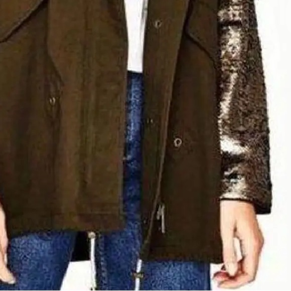 Zara Changing Sequin Sleeve Parka Olive Green Utility Jacket Shiny Sparkly - Picture 5 of 16
